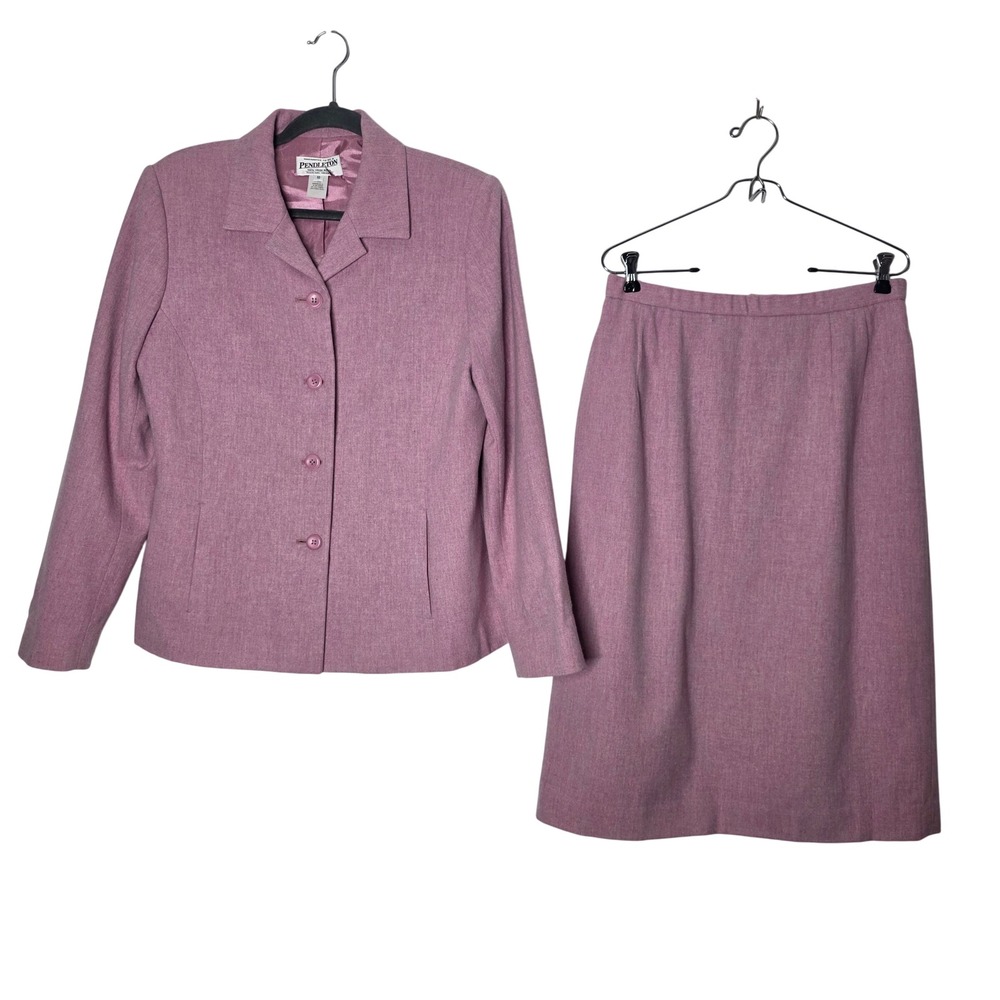 VTG Pendleton Womens Wool Skirt Suit Set Size 10 Purple Mauve Blazer Midi Skirt